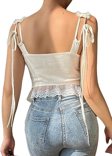 Women's Lace Trim Open Front Self Tie Cami Crop Top