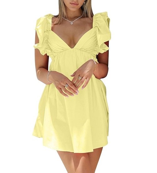 Womens Sexy Deep V Neck Ruffle Sleeve Mini Dress Backless Lace Up Summer Dresses