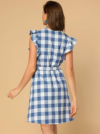 Women's Plaid Ruffle Sleeve Tank Dress A Line Vintage Check Dress