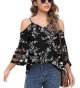 Women‘s Summer Cold Shoulder Tops Mesh Panel 3/4 Bell Sleeve Tees Adjustable Spaghetti Strap Loose Fit Shirts