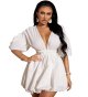 Women's Deep V Neck Puff Sleeve High Rise Flare Dress Elastic Waist Dress