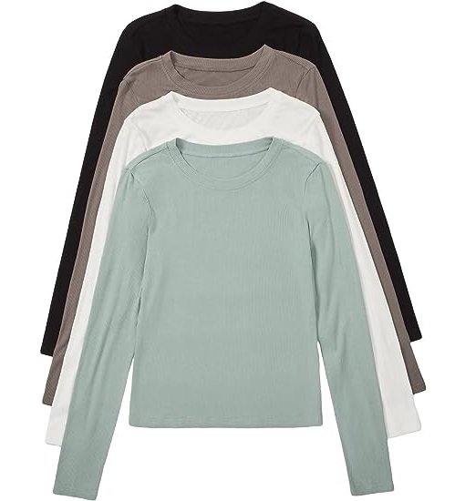 Women's 4 Piece Basic T Shirt Round Neck Long Sleeve Tee Top