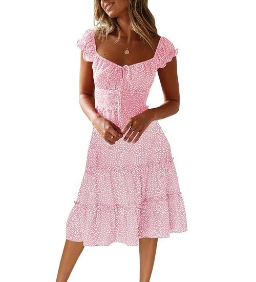 Women's Summer Dresses V Neck Boho Floral Gathered Dress Ruffle Puff Sleeve Dress